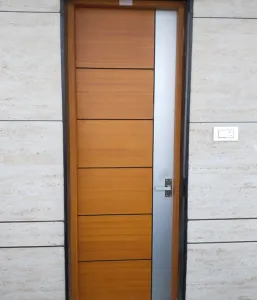 Stylish wooden flush door with glass panel showcasing full disclosure of elegant, cutting-edge design