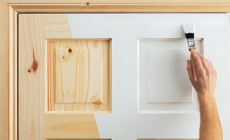  A hand applying white paint to a wooden door to prevent pest infestations and moisture damage.