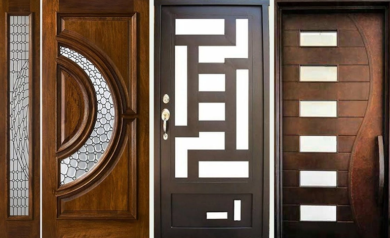 Collection of modern and stylish wooden doors with unique patterns and elegant glass panel designs.