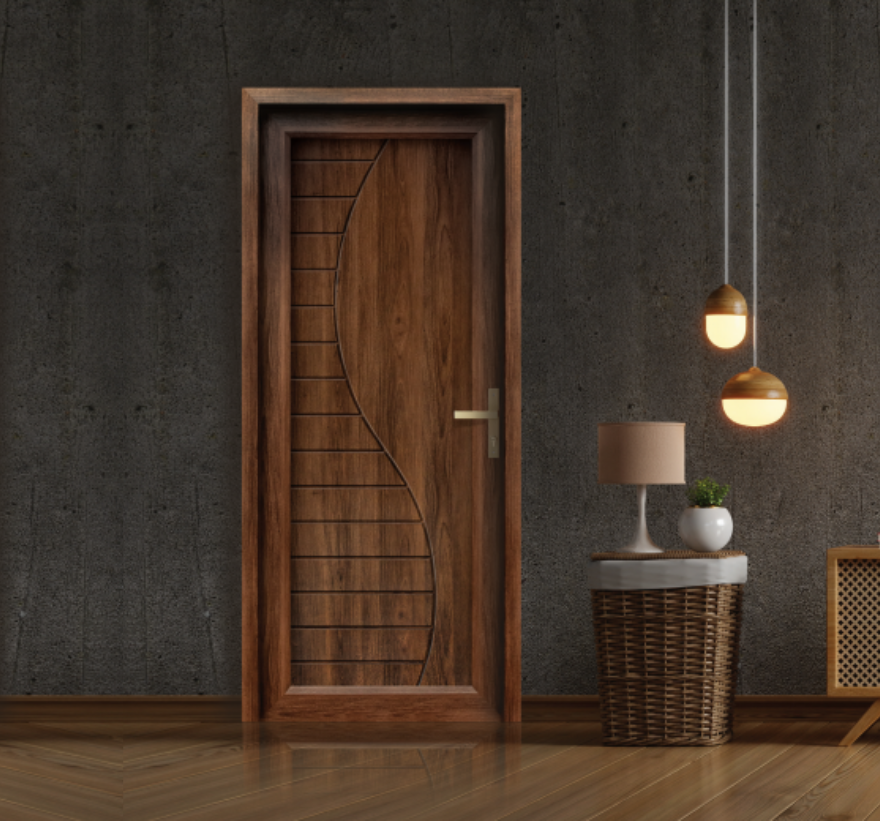 A dark brown, elegant, high-quality wooden door with intricate designs for your dream home or office