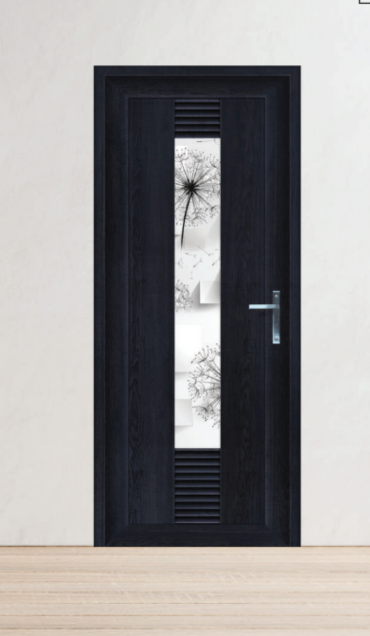 A black door with a white & black daisy as decoration gives a sense of elegance & natural beauty.