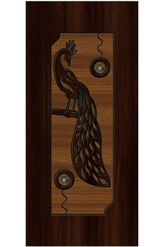 Brown wooden door with a realistic peacock design displaying vibrant feathers and attractive designs