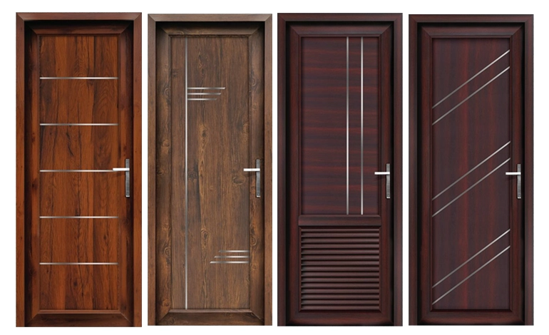 Four wooden doors, each showcasing unique styles and finishes, paired with high-quality UPVC