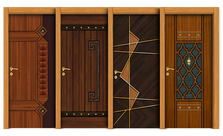 Four hardwood flush doors with unique patterns that are a durable and attractive collections